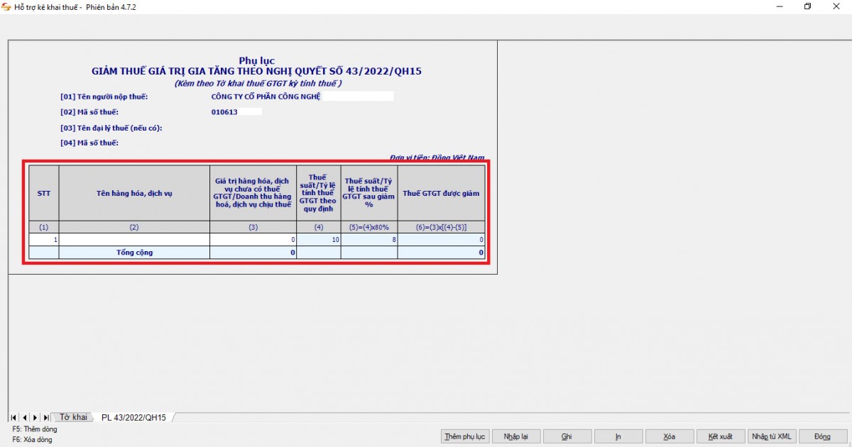 Tờ khai thuế GTGT thêm phụ lục giảm thuế GTGT xuống 8